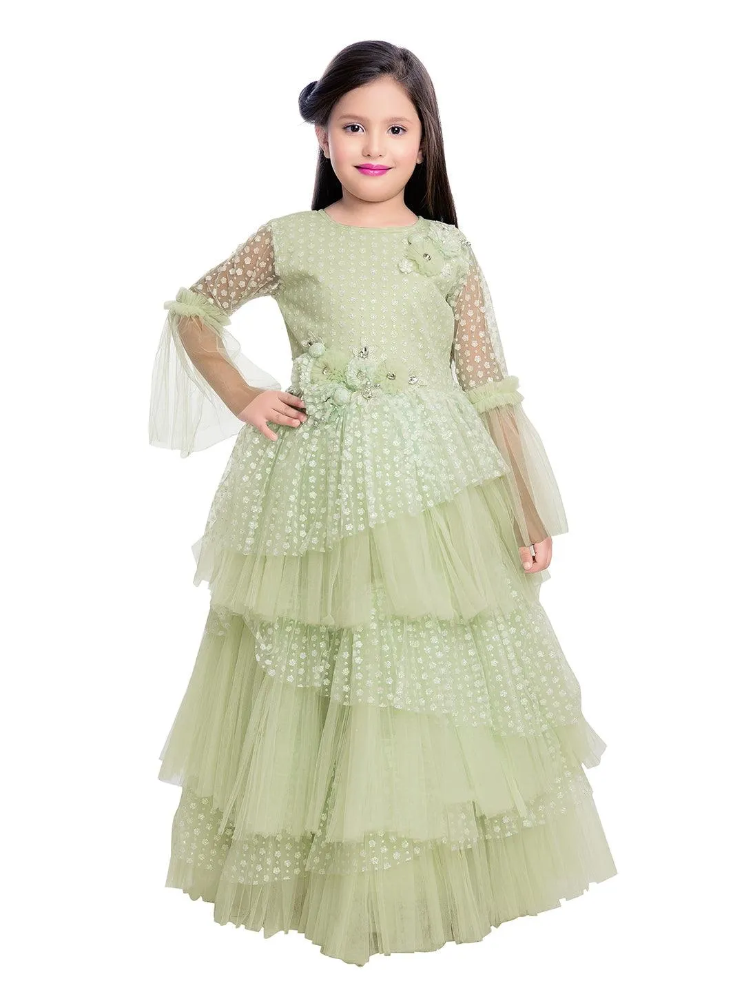 Green Coloured Net Fabric Gown For Girls