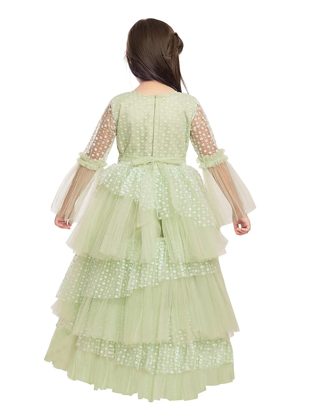 Green Coloured Net Fabric Gown For Girls