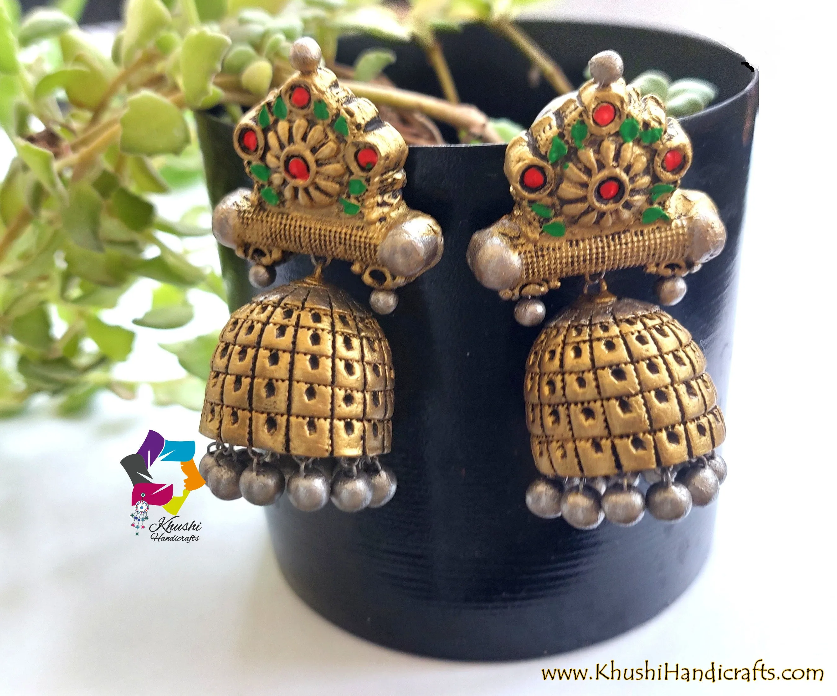 Handmade Terracotta Jhumkas in Gold and Silver