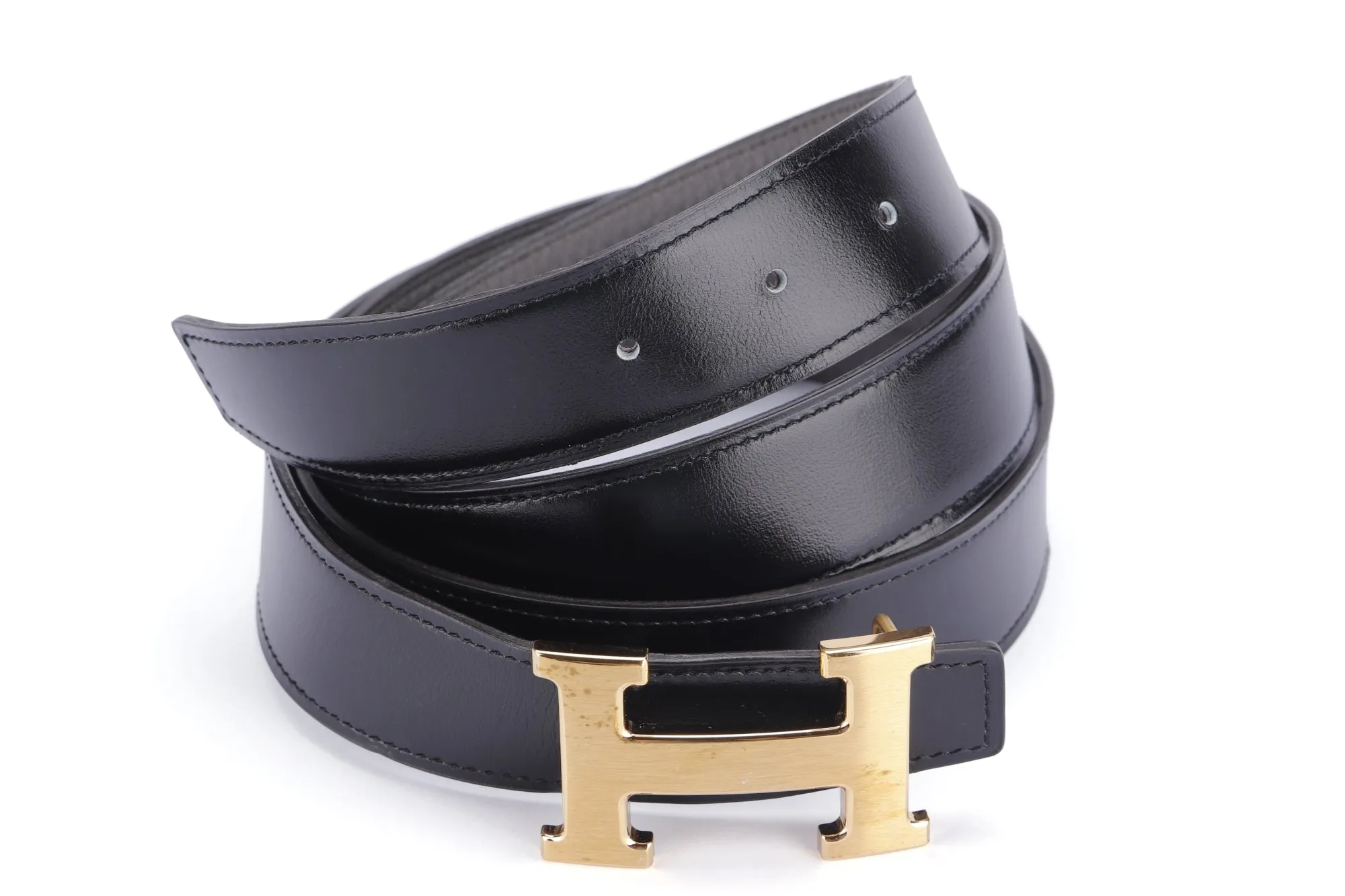 Hermes Gold H Buckle Belt, Length 120cm, Black & Etain Color, with Dust Cover & Box