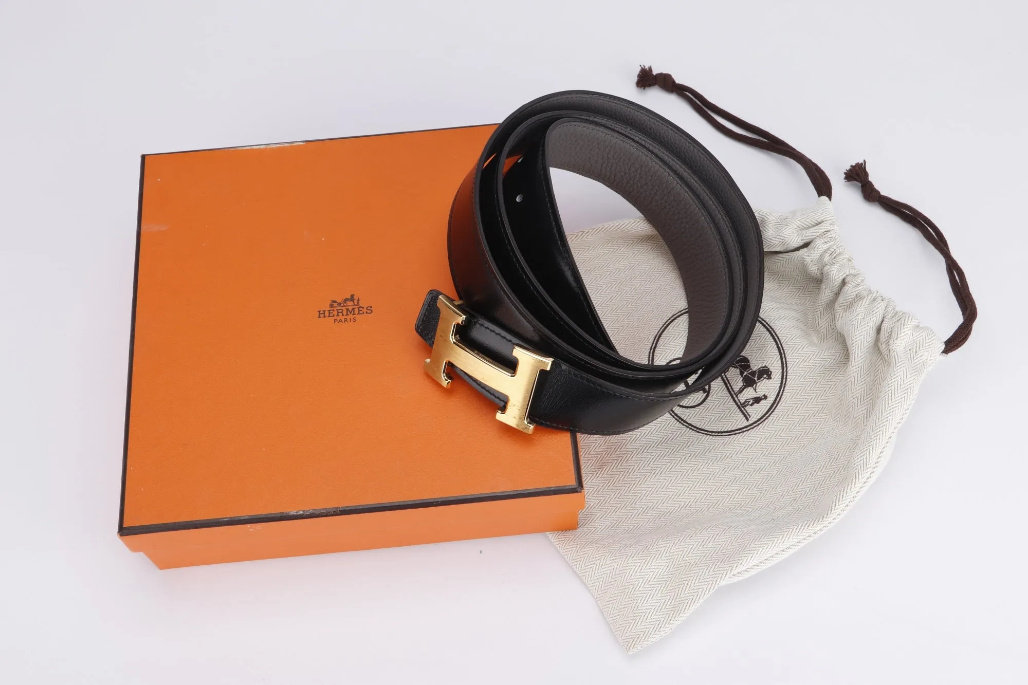 Hermes Gold H Buckle Belt, Length 120cm, Black & Etain Color, with Dust Cover & Box