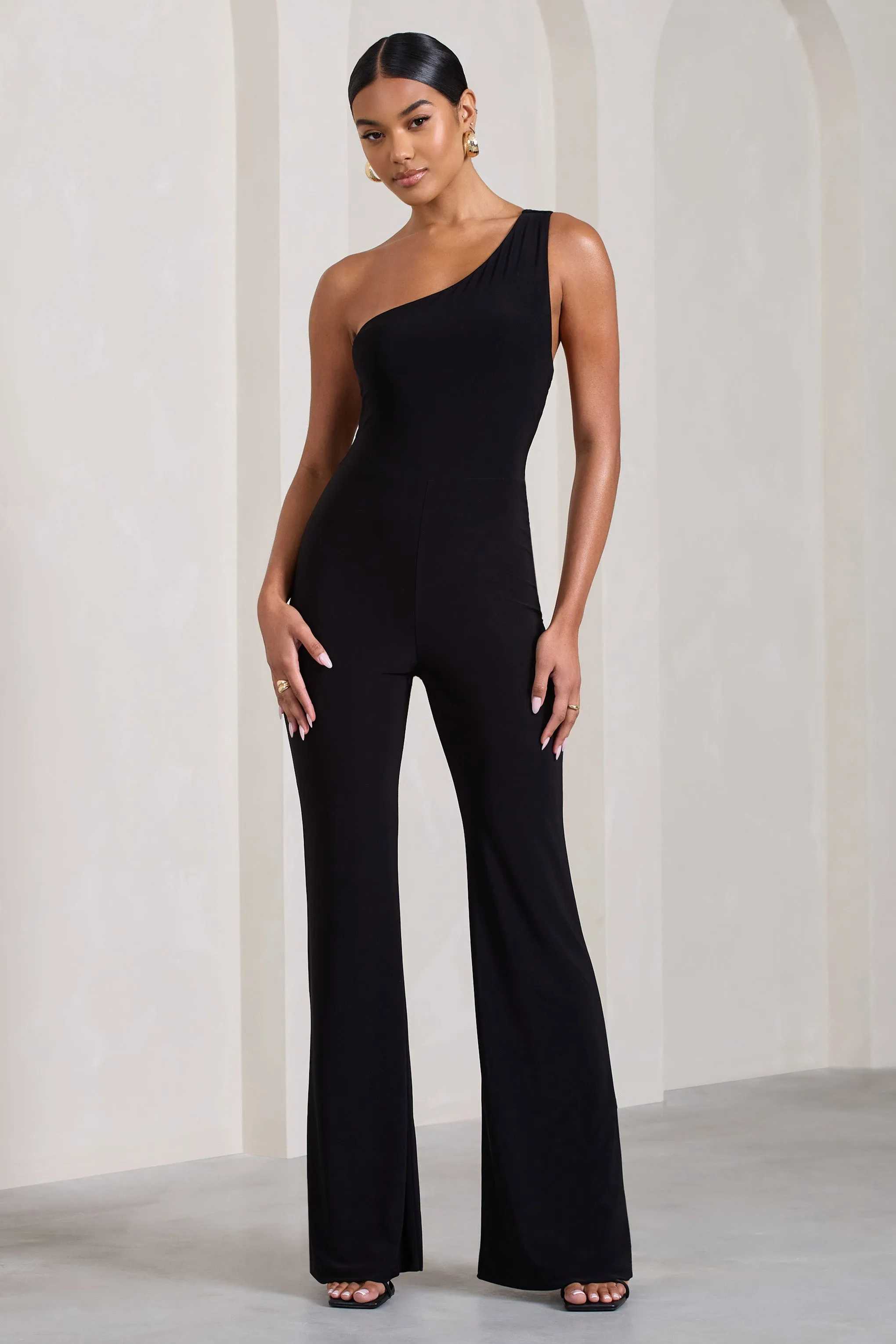 In The Dark | Black Sleeveless Asymmetric Flared-Leg Jumpsuit