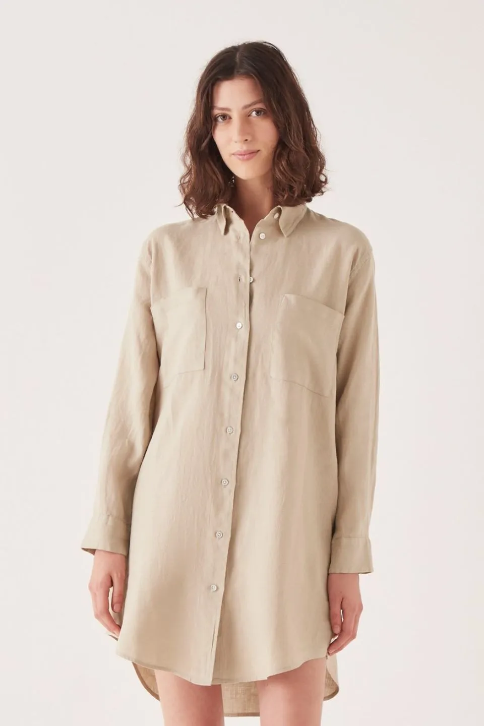 Linen Utility Washed Khaki Shirt Dress