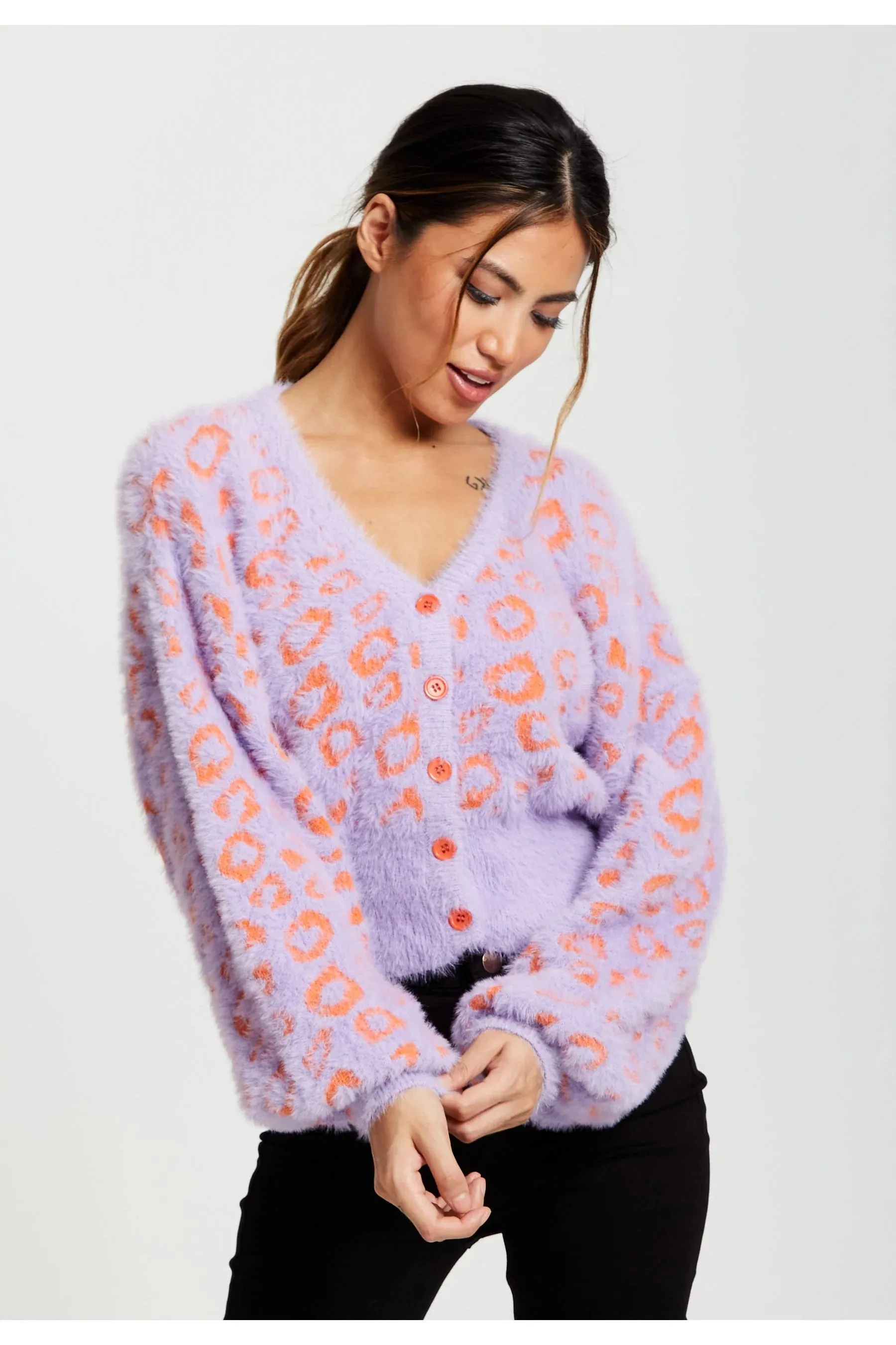 Liquorish Animal Pattern Fluffy Cardigan In Lilac