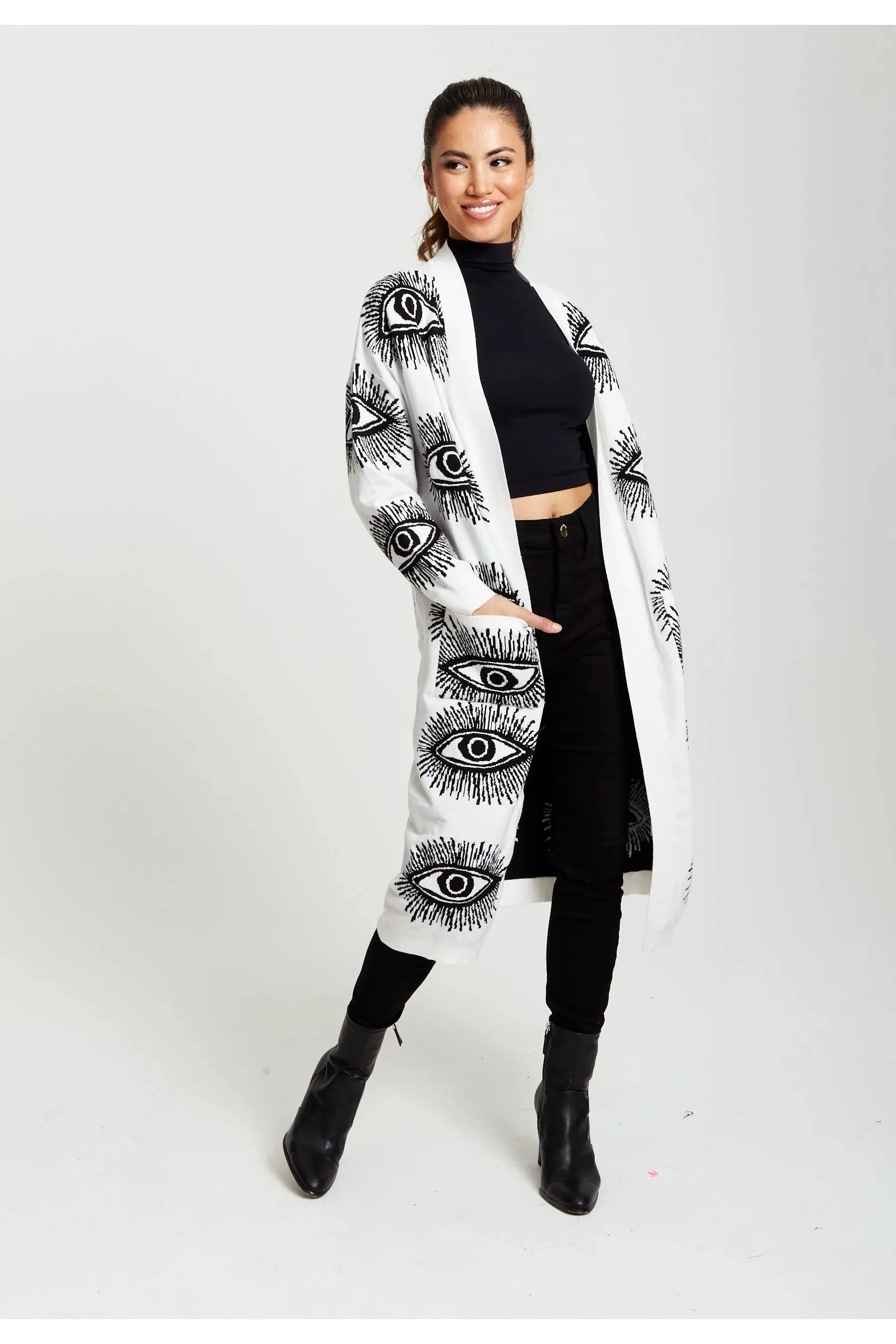 Liquorish Eye Pattern Longline Cardigan