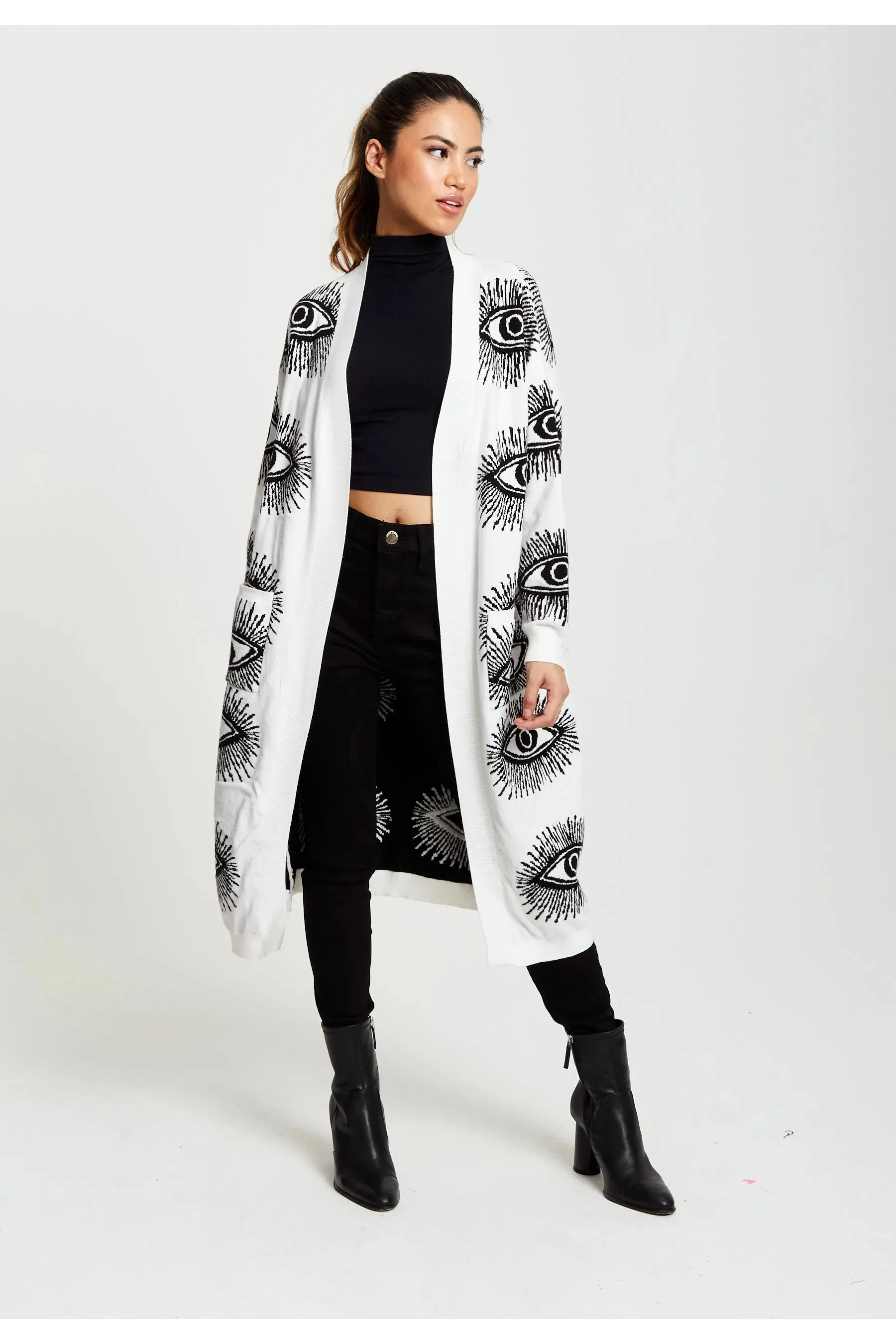 Liquorish Eye Pattern Longline Cardigan