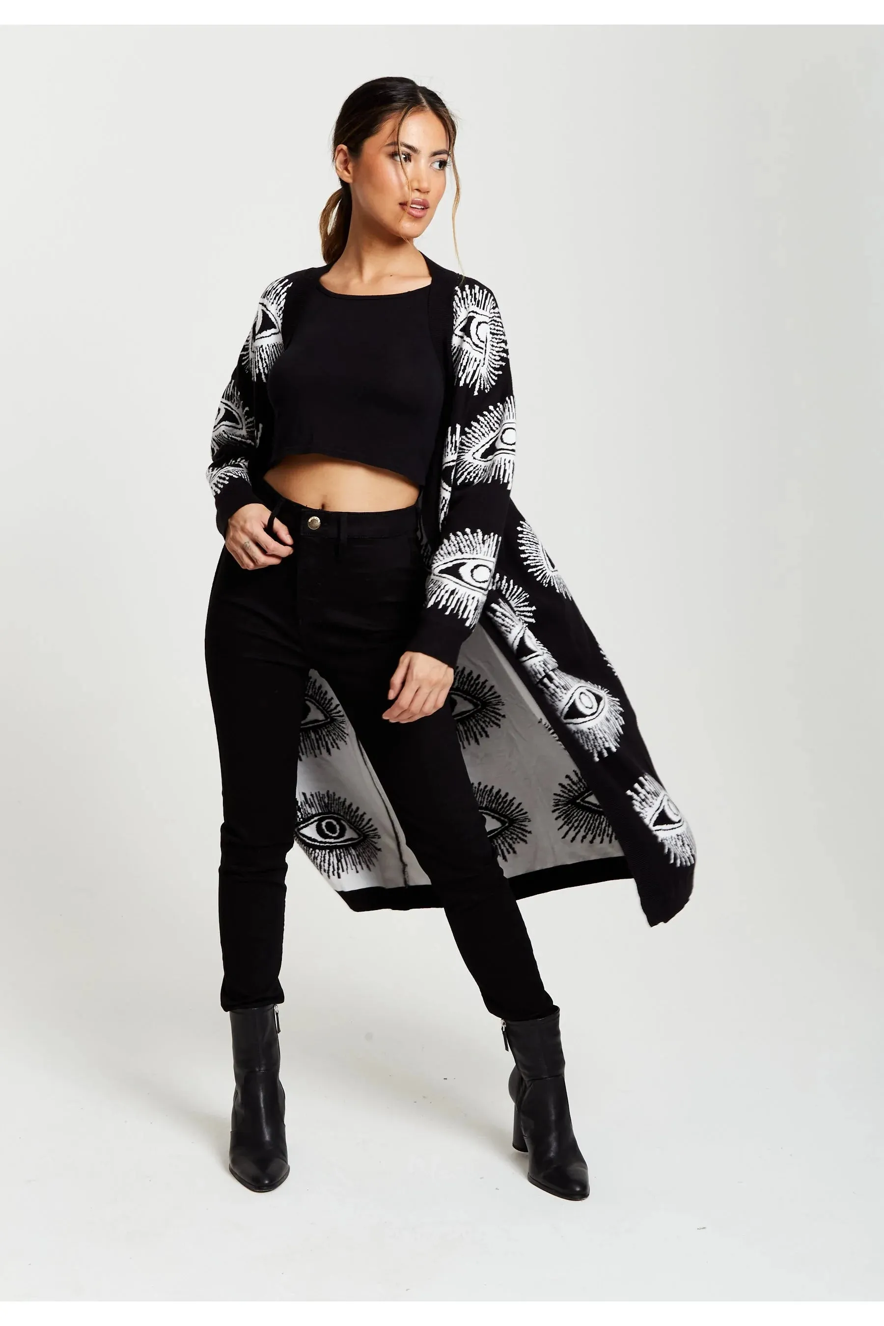 Liquorish Eye Pattern Longline Cardigan