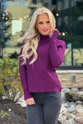 Liverpool Kinsley Ribbed Mock Neck Long Sleeve Top : Eggplant