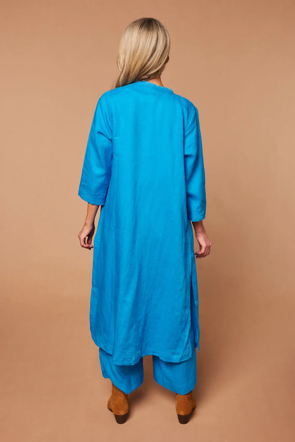 Long Line Linen Duster Jacket in Cobalt