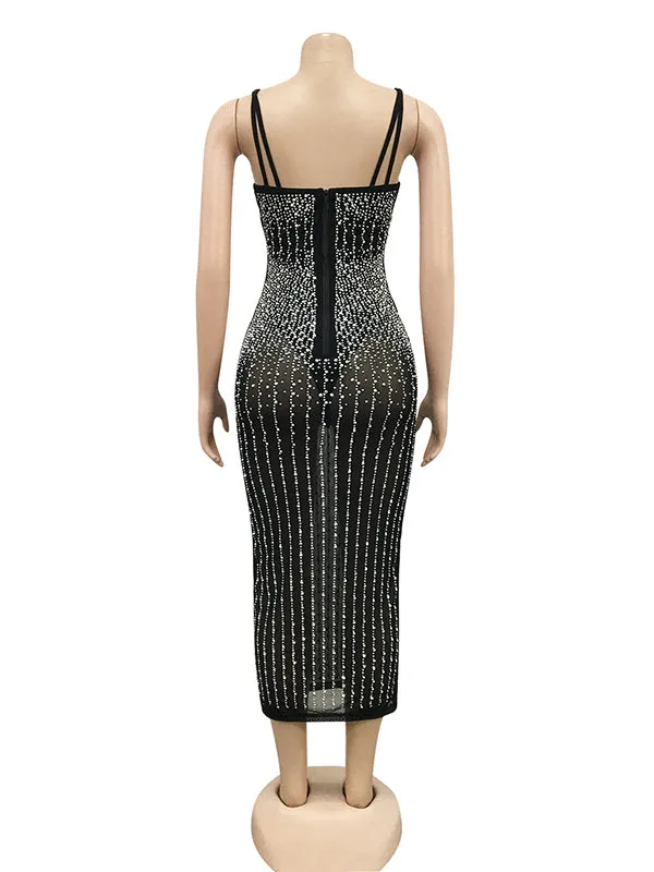 Momnfancy Black Diamond Rhinestone Mesh Zipper Elegant Bodycon Club Evening Gown Photoshoot Baby Shower Maternity Midi Dress