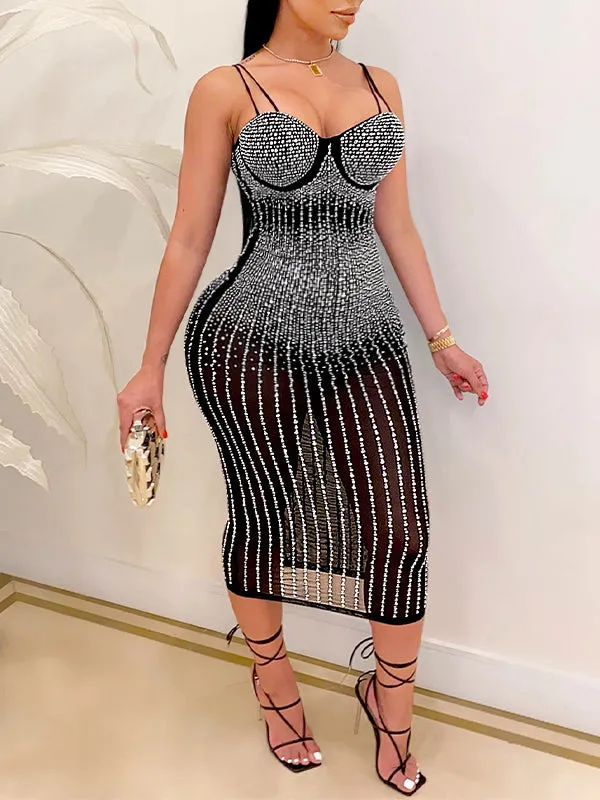 Momnfancy Black Diamond Rhinestone Mesh Zipper Elegant Bodycon Club Evening Gown Photoshoot Baby Shower Maternity Midi Dress