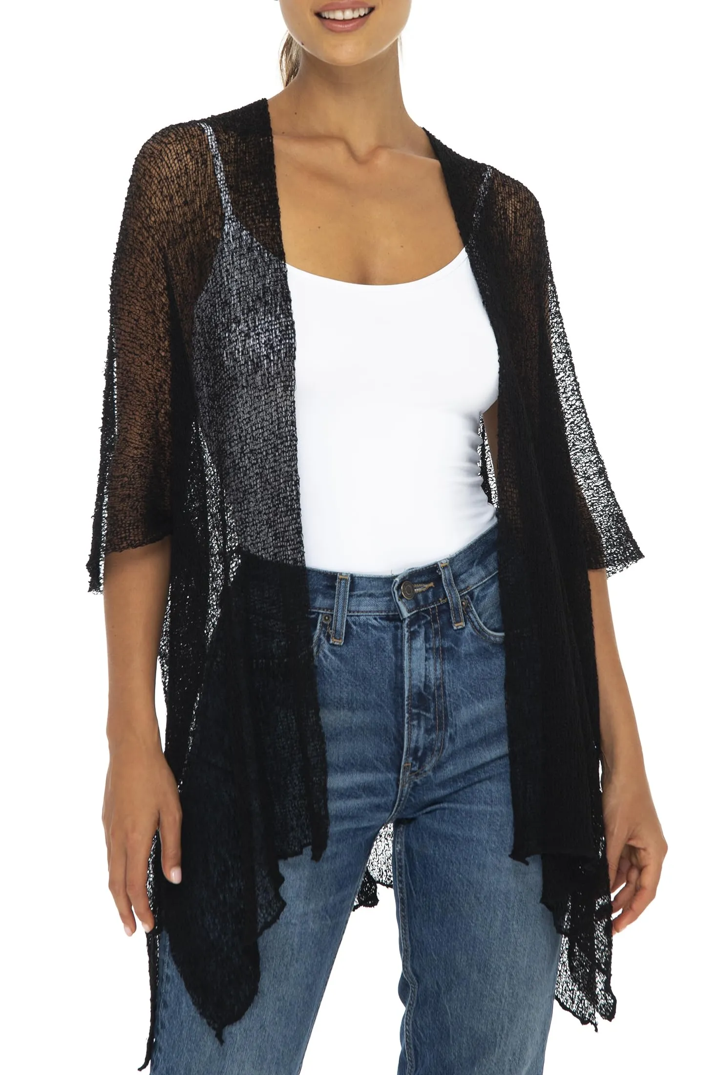 Open Front ¾ Sleeve Kimono Sweater with Curved Hem