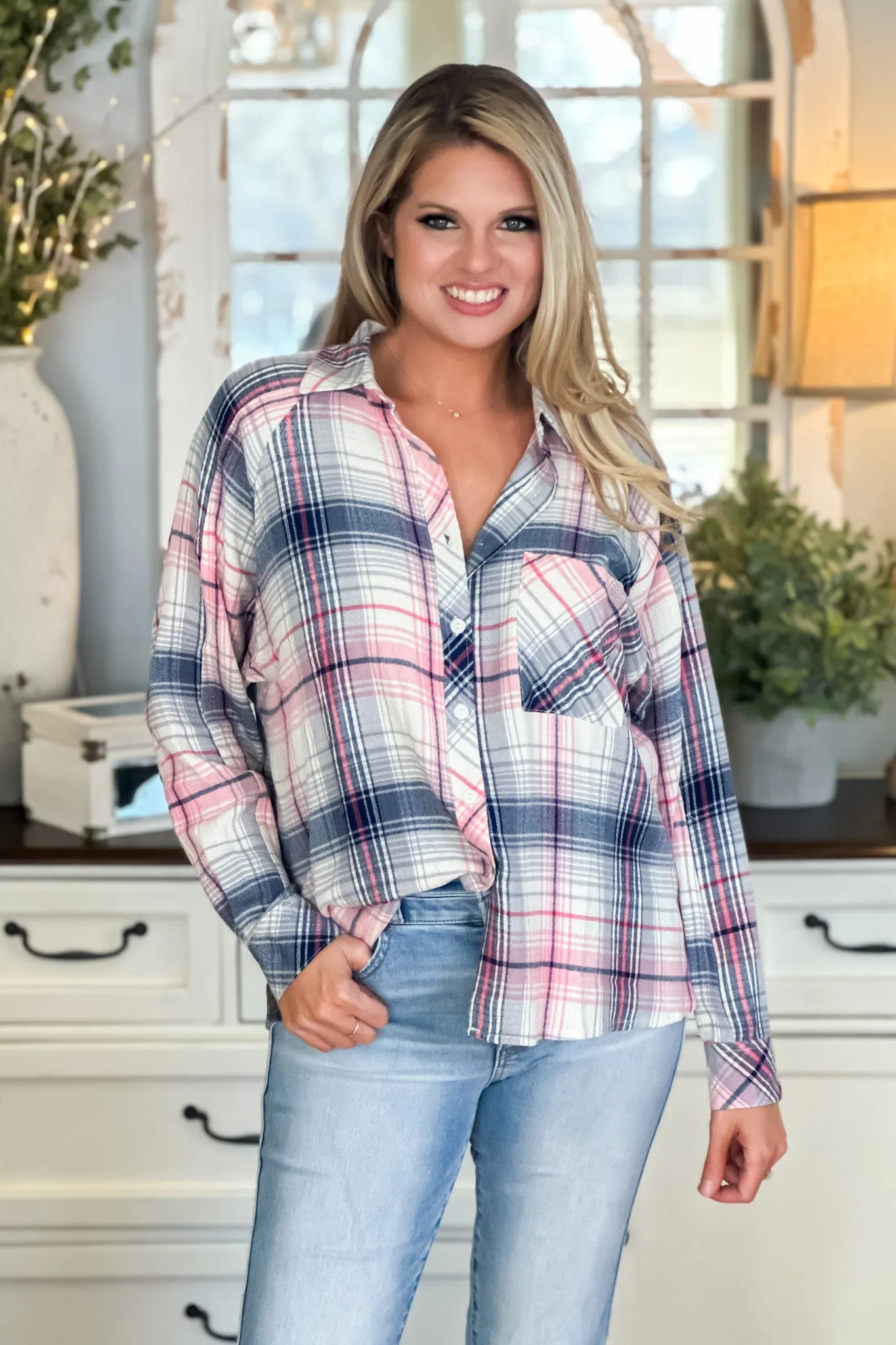 Ready For Spring Dolman Sleeve Button Down Top : Pink/Navy