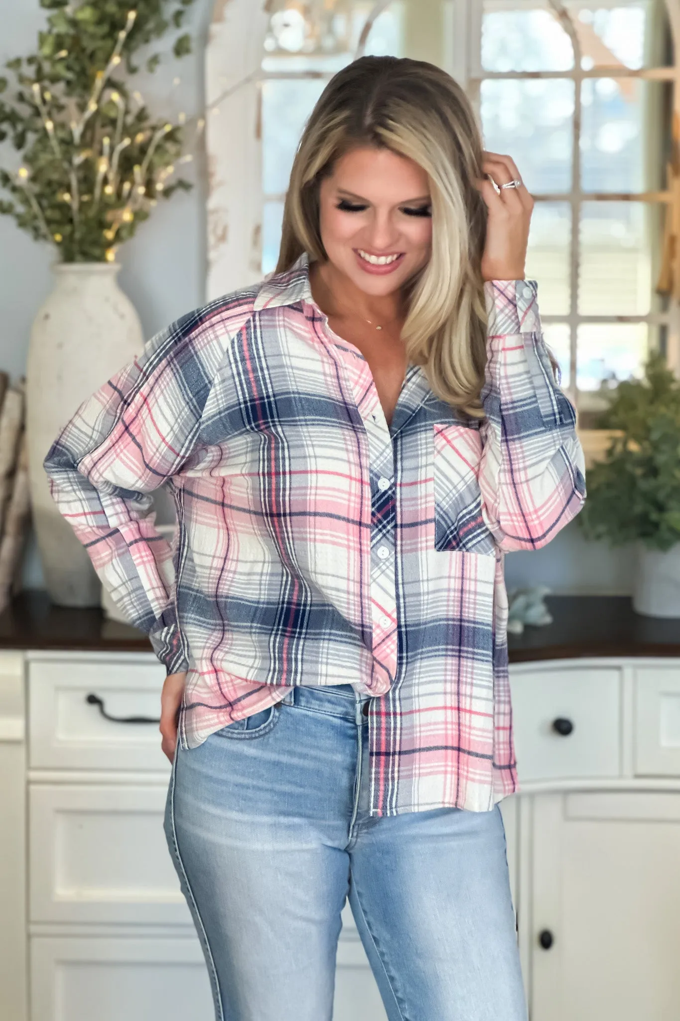 Ready For Spring Dolman Sleeve Button Down Top : Pink/Navy