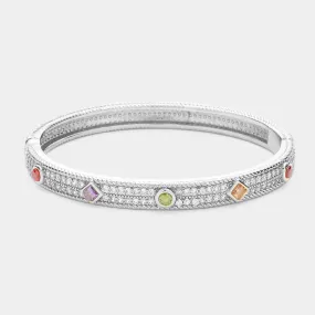 Silver Multi Colored Stone Pointed Rhinestone Paved Hinged Bangle Bracelet