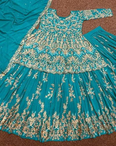 Sky Blue Georgette Stone Work Lehenga Choli Set