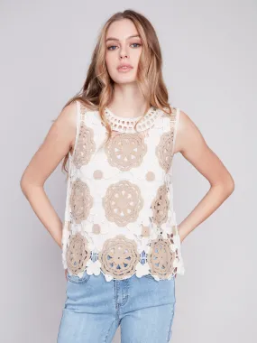 Sleeveless Crochet Top With Floral Pattern - Dune