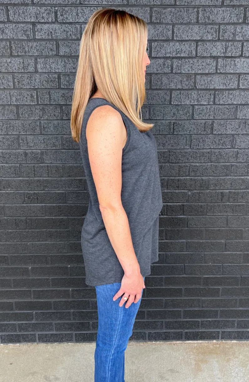 Sleeveless Nursing Tank Top With Asymmetrical Flap - Dark Gray