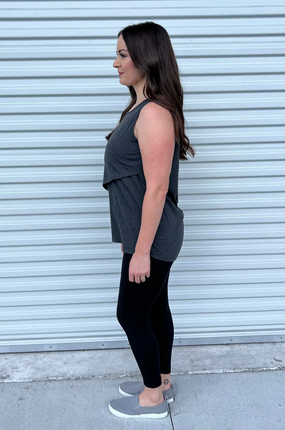 Sleeveless Nursing Tank Top With Asymmetrical Flap - Dark Gray