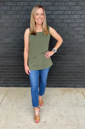 Sleeveless Nursing Tank Top With Asymmetrical Flap - Olive Green