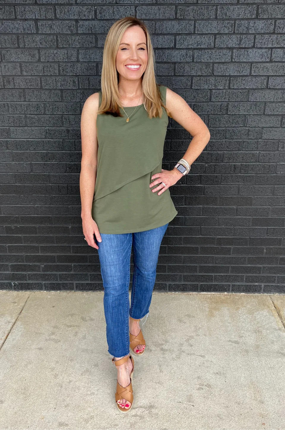 Sleeveless Nursing Tank Top With Asymmetrical Flap - Olive Green