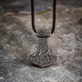 Stainless Steel Aged Mjolnir on Black Cord