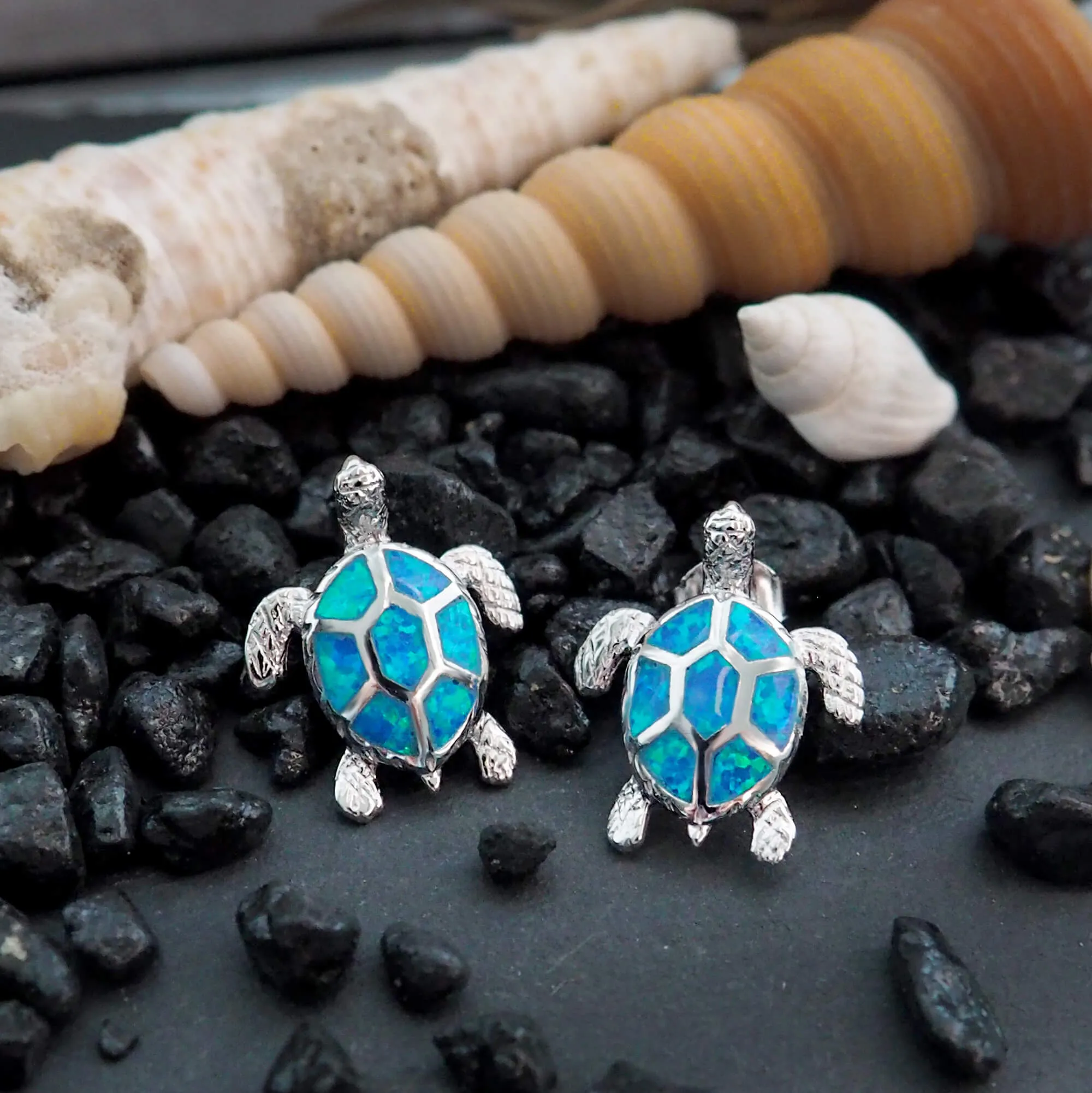 Sterling Silver Synthetic Blue Opal Turtle Stud Earrings