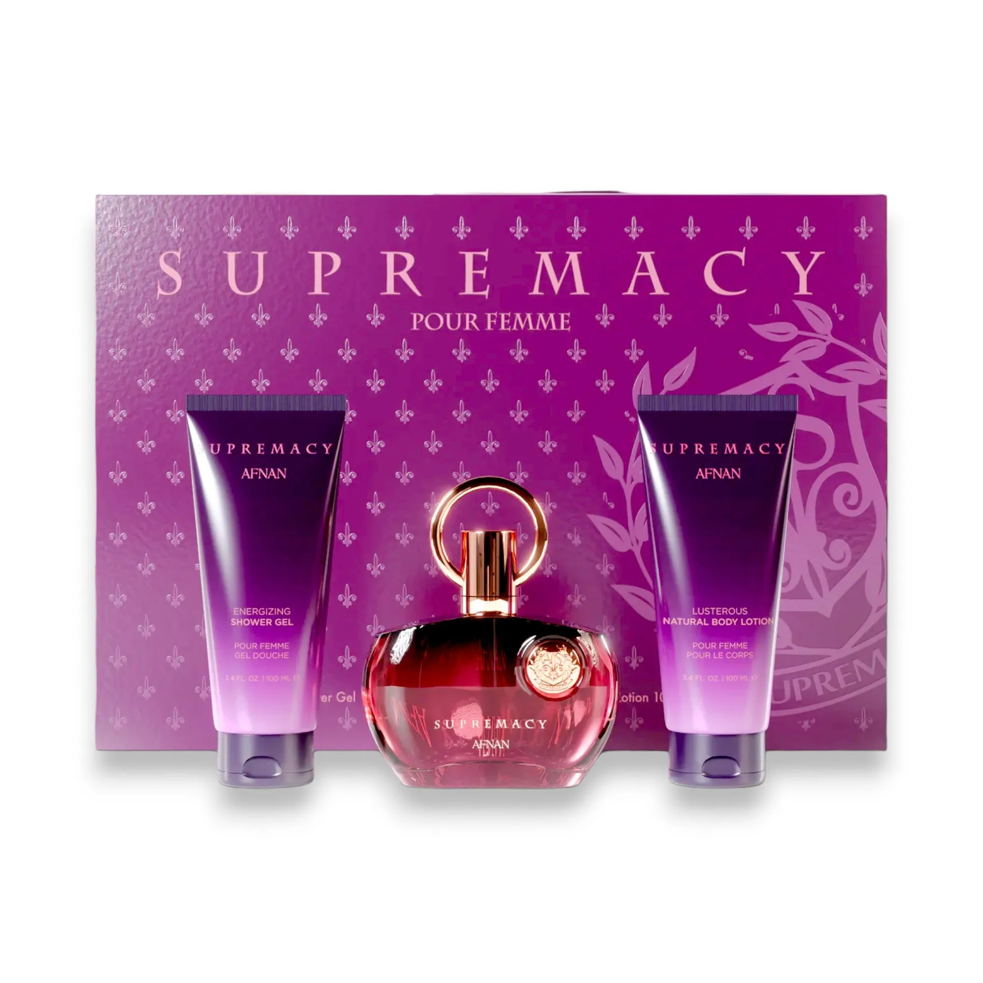 Supremacy Purple by Afnan for Women 3 PCS Set: Eau de Parfum 3.4 oz   Body Lotion   Shower Gel