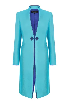 Turquoise Dress Coat in Summer Brocade with Cord Trim and Frogging  - Vicky