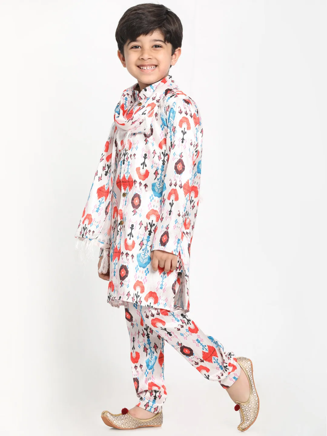 Vastramay Boy's Digital Printed Silk Blend Kurta, Pyjama & Dupatta Set