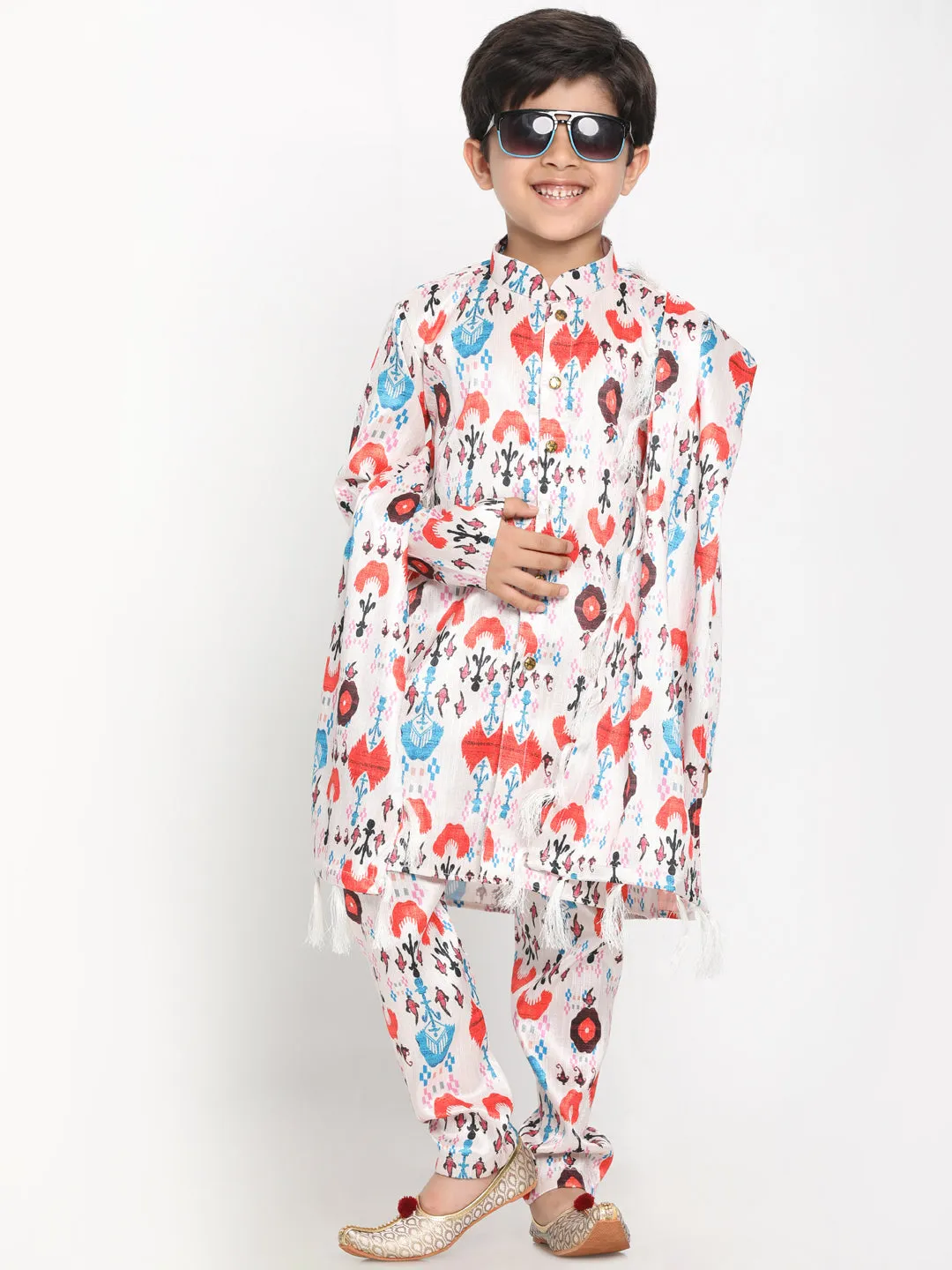 Vastramay Boy's Digital Printed Silk Blend Kurta, Pyjama & Dupatta Set