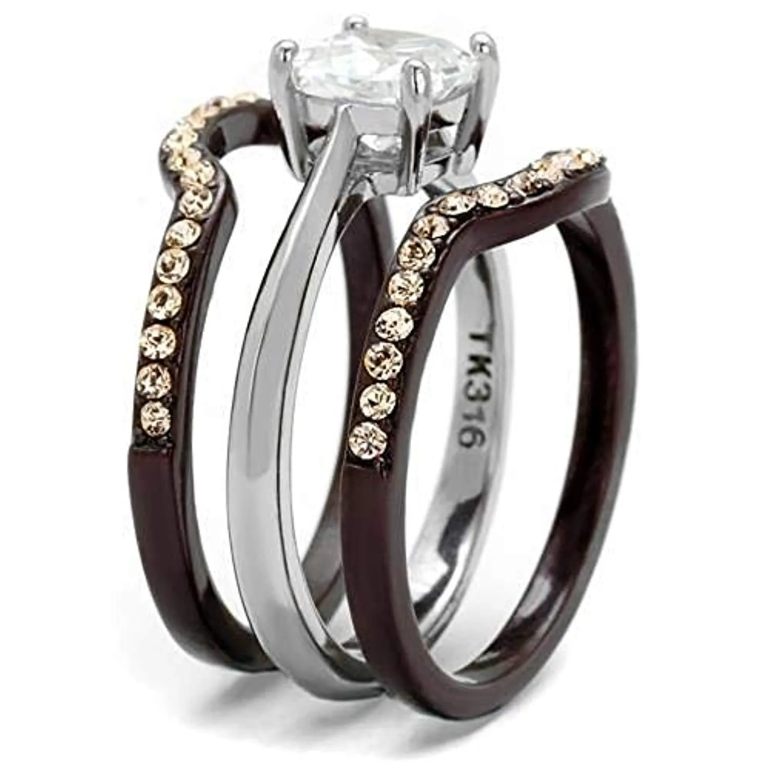 WildKlass Stainless Steel Ring Two Tone IP Dark Brown (IP Coffee) Women AAA Grade CZ Clear