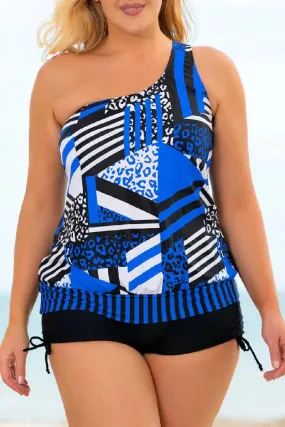 Women's Plus Royal Blue One-Shoulder Tankini Set